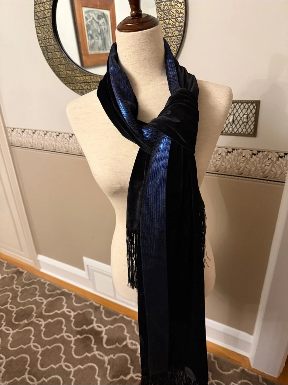 DKNY Black and Blue sequin wide stripe throughout Velvet Scarf like new
